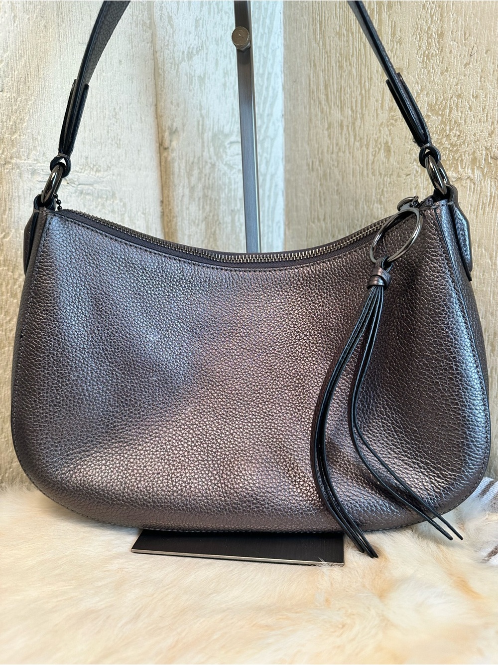Coach Metallic Gunmetal Pebbled Leather Hobo - Picture 4 of 8